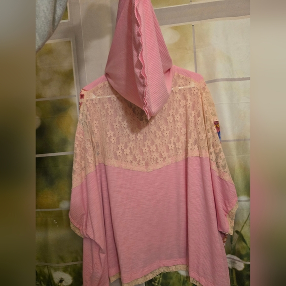 POL Pink Lace Patchwork Peace Sign Kimono Hoodie Top Oversized Boho Chic NWOT - Picture 7 of 9